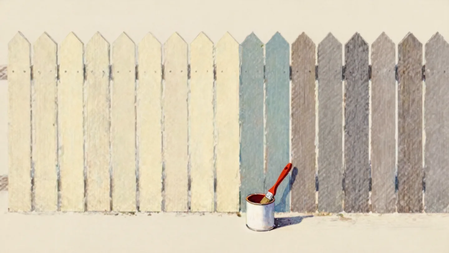 A fence painted halfway, a red-handled brush resting in the paint tin where the paint stops