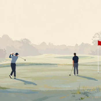 Golfers seen from afar: one swinging on the tee, one waiting next, one searching the long grass for a ball