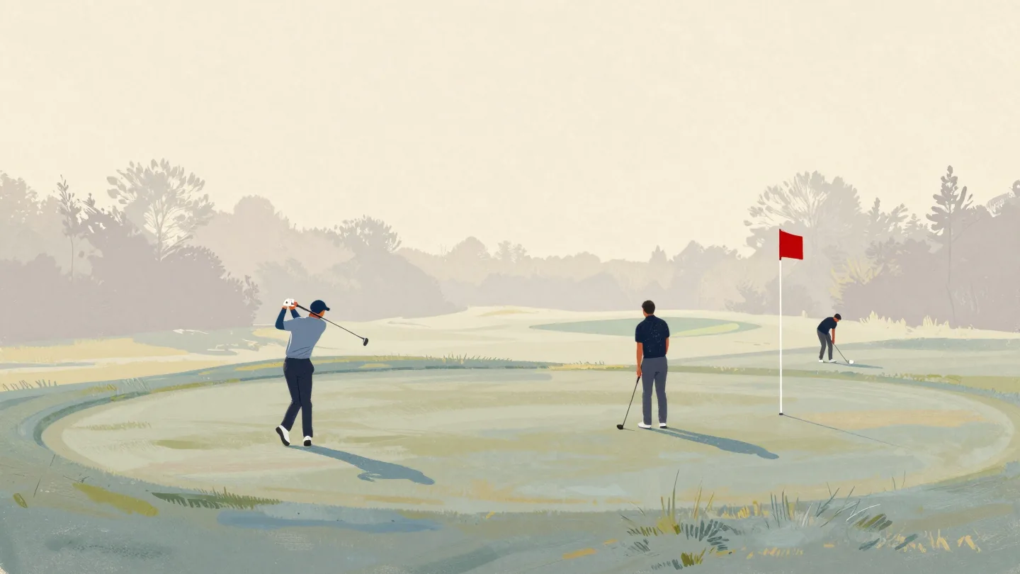 Golfers seen from afar: one swinging on the tee, one waiting next, one searching the long grass for a ball