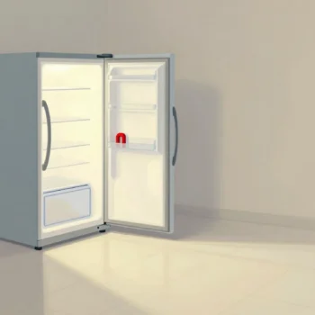 A fridge door standing open at night, its light spilling across an empty kitchen