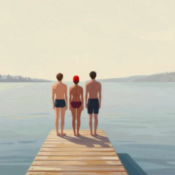 Three swimmers waiting in line on a jetty for a swimmer in a red cap to leave the only diving board