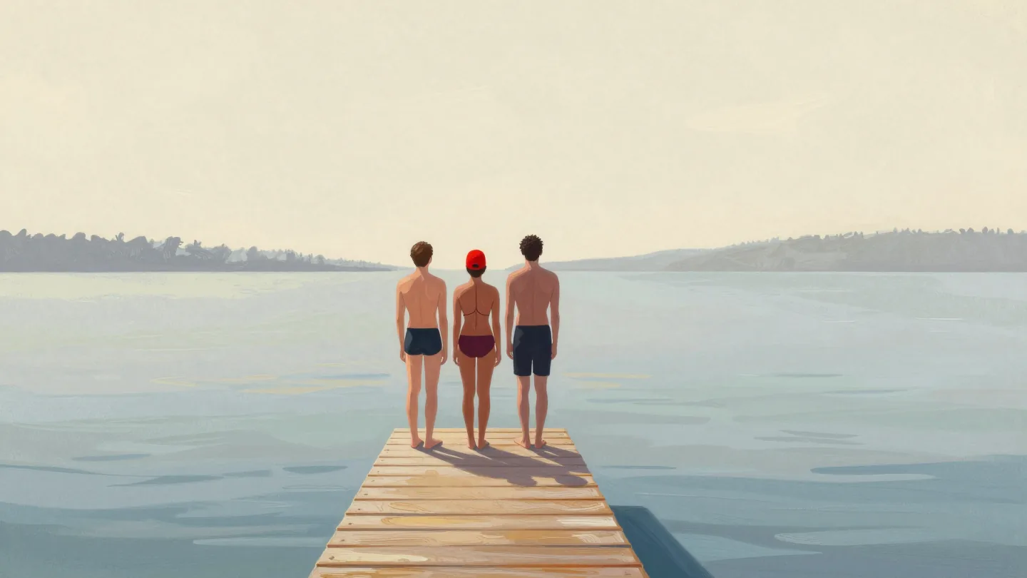 Three swimmers waiting in line on a jetty for a swimmer in a red cap to leave the only diving board
