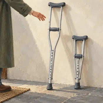 An extended adjustable crutch stands beside a shorter adjusted crutch with intact supports