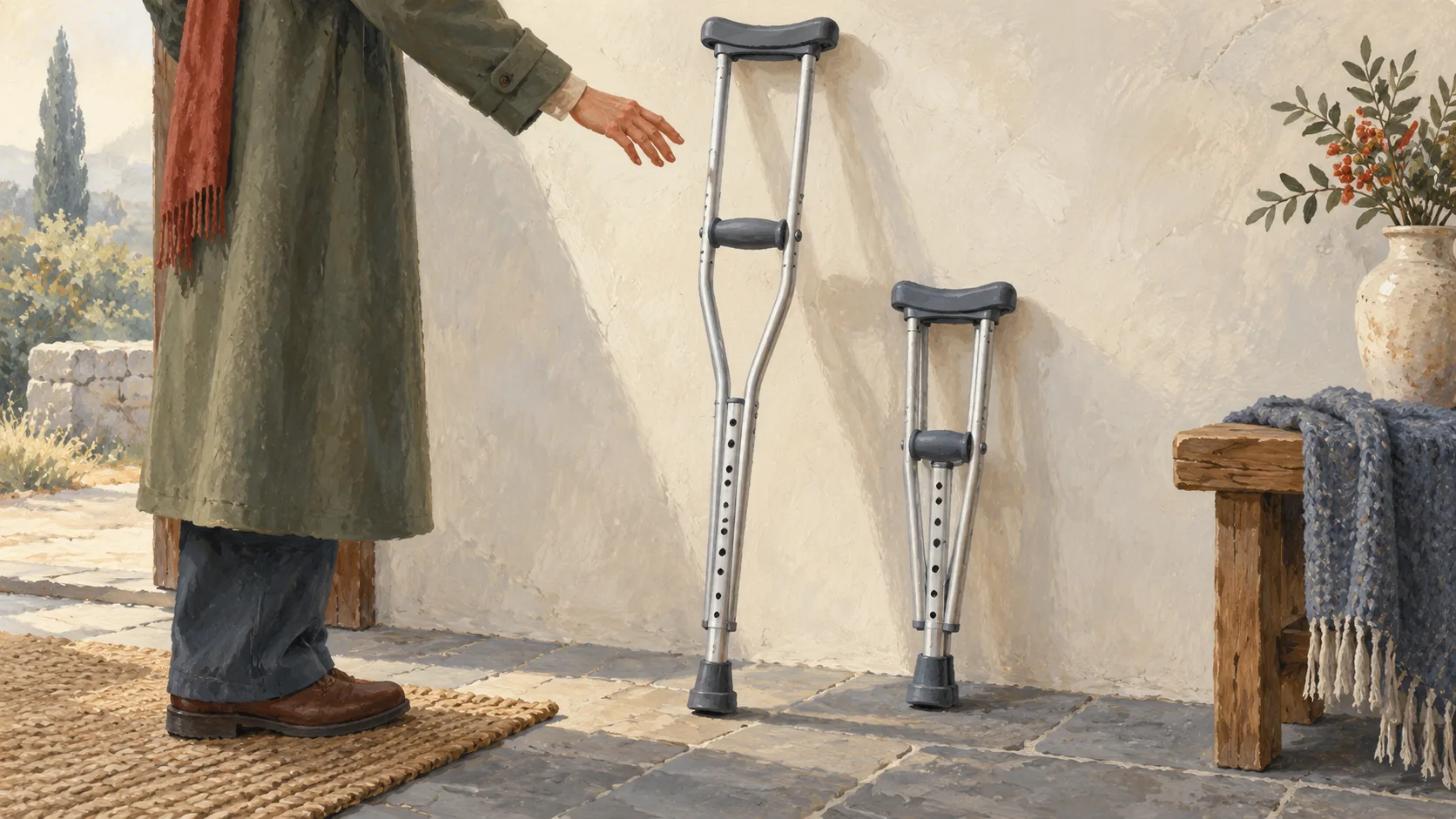 An extended adjustable crutch stands beside a shorter adjusted crutch with intact supports