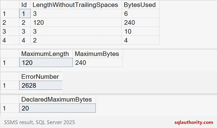 Name-length results distinguish characters, trailing spaces, and storage bytes