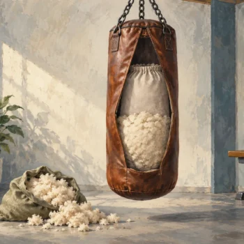 A partly filled punching bag with spare filling beside its roomy outer cover