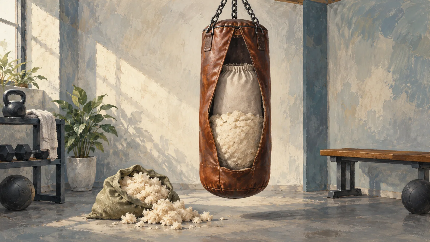 A partly filled punching bag with spare filling beside its roomy outer cover