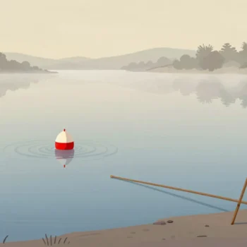 A fishing float bobbing on a misty pond at dawn, ripples spreading, a rod propped on the bank beside a net.