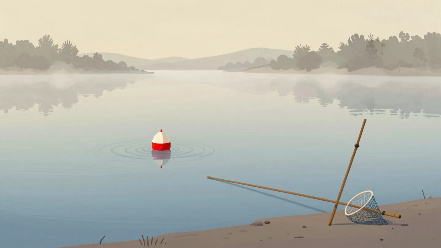 A fishing float bobbing on a misty pond at dawn, ripples spreading, a rod propped on the bank beside a net.
