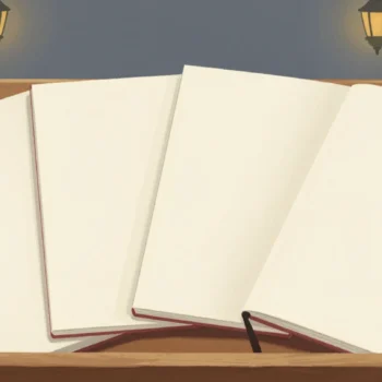 Gouache painting: four notebooks fanned out on a wooden lectern, one notebook vermilion