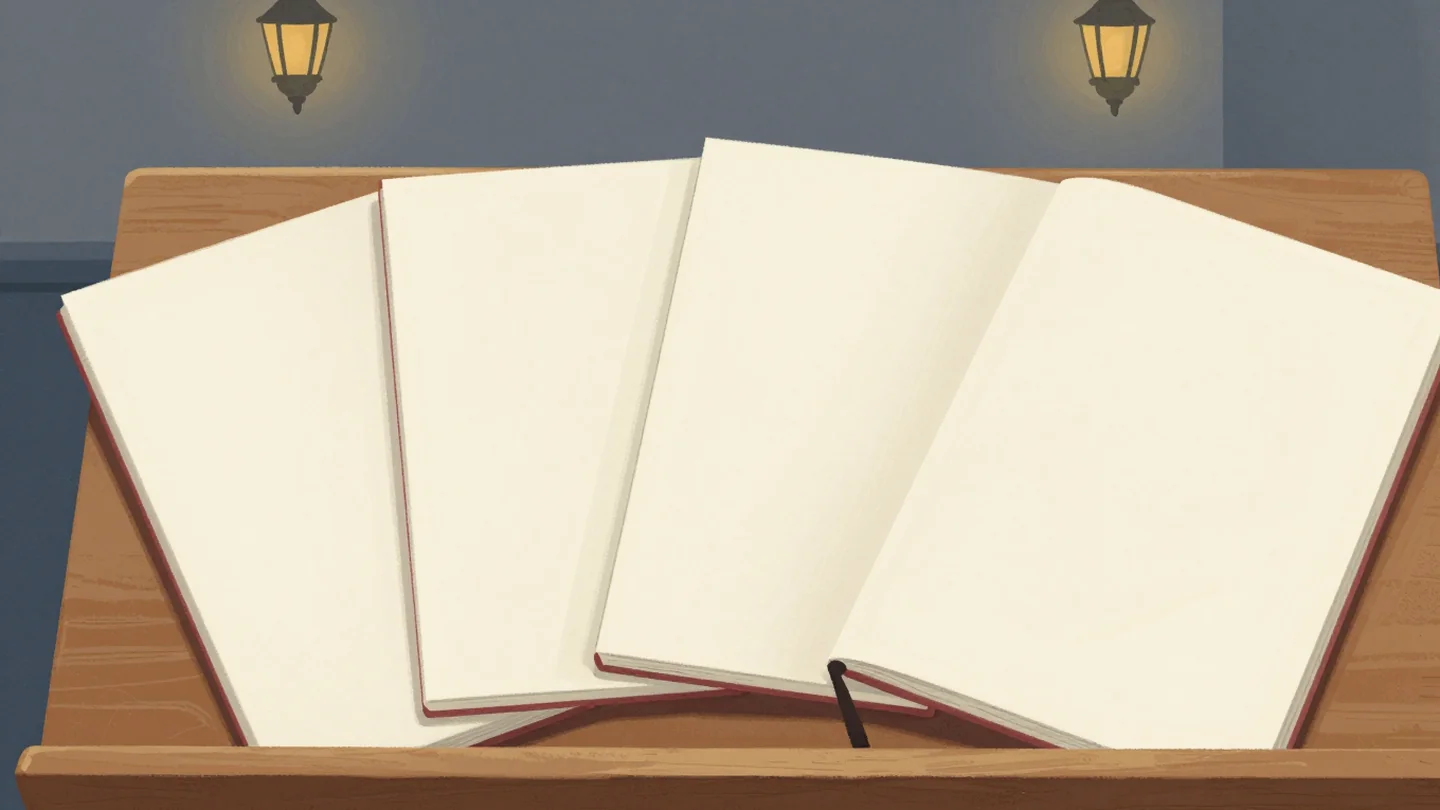 Gouache painting: four notebooks fanned out on a wooden lectern, one notebook vermilion