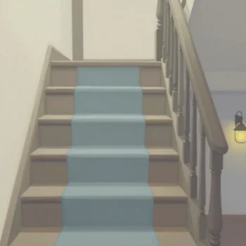 A worn wooden staircase with a spotless new runner just laid down the middle of its treads