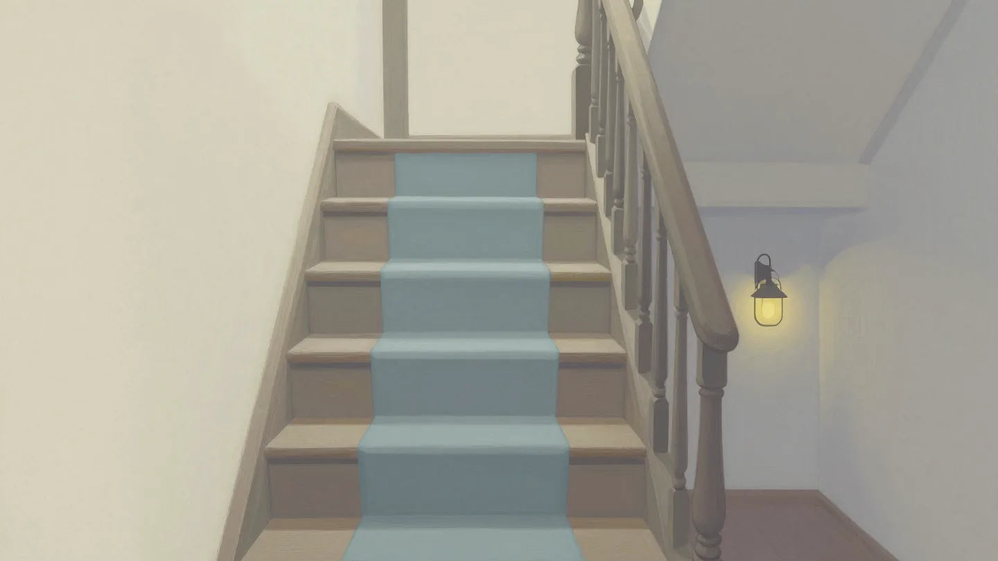 A worn wooden staircase with a spotless new runner just laid down the middle of its treads