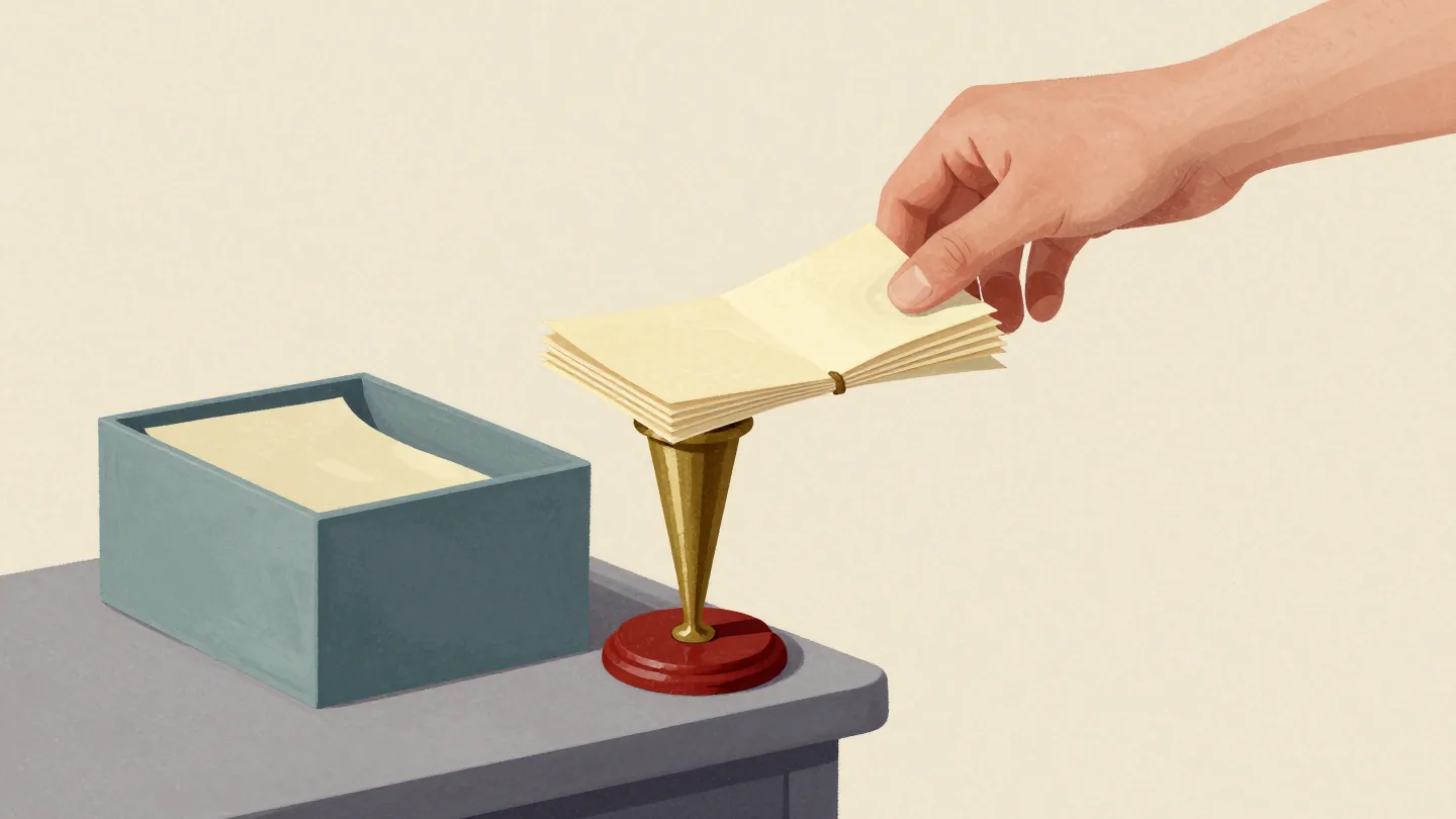 A red-based receipt spike with a few recent slips, a thick bundle of old yellowed slips tied up beside it