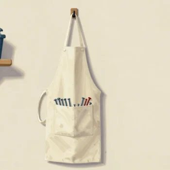 A carpenter's apron with a sagging pocket full of nails, and a large nail bin on a far shelf of the workshop.