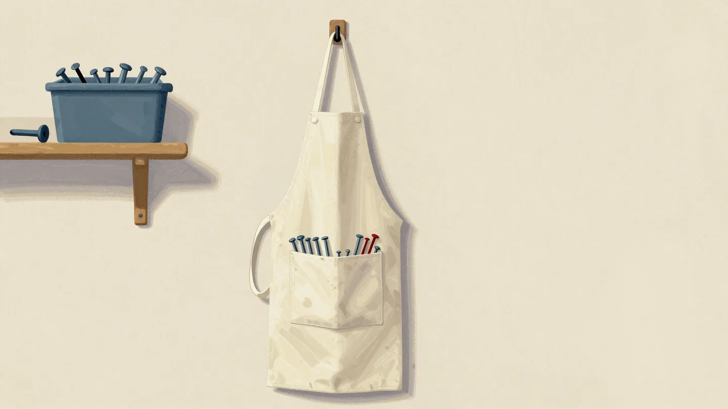 A carpenter's apron with a sagging pocket full of nails, and a large nail bin on a far shelf of the workshop.