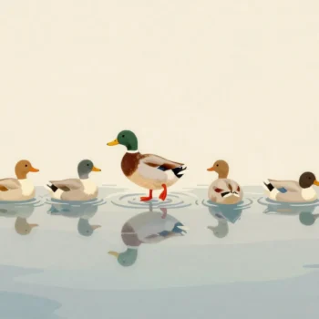 Eight ducks in a row on a pond, some upright and some tail-up, one flipping over with red feet showing
