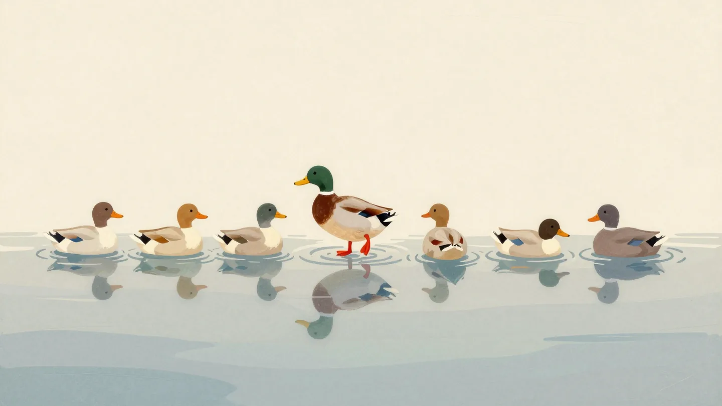 Eight ducks in a row on a pond, some upright and some tail-up, one flipping over with red feet showing