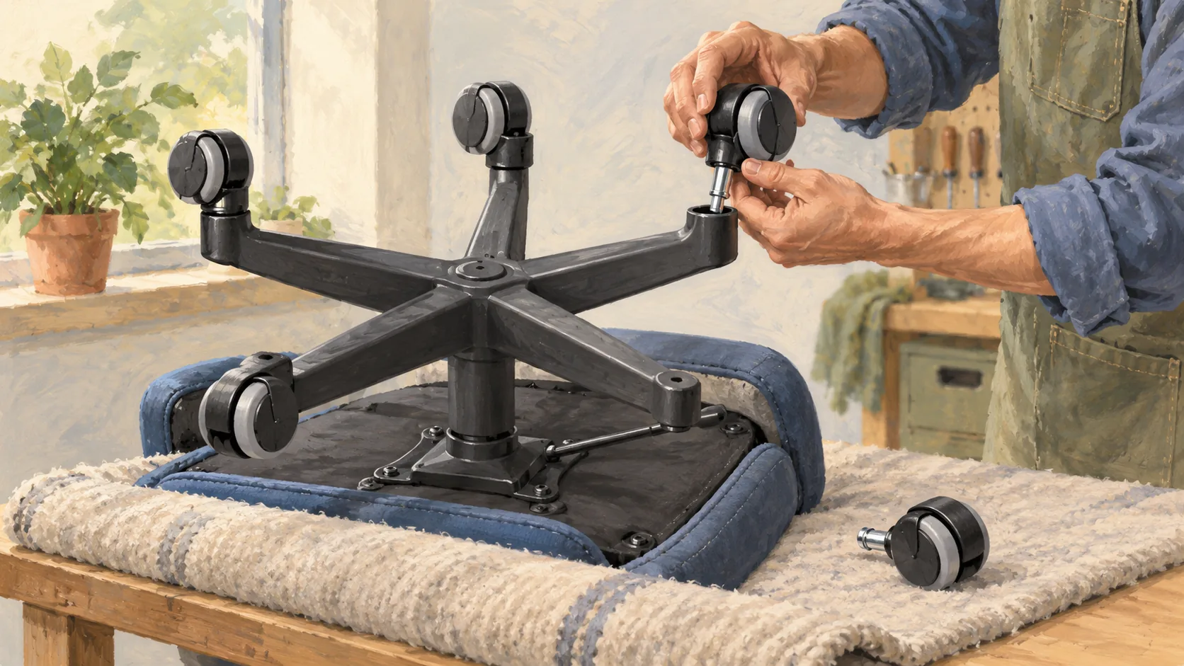 A chair caster replacement keeps sound wheels while replacing a worn wheel