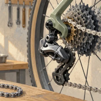 A derailleur seats a chain on one sprocket while a loose chain has no defined engagement