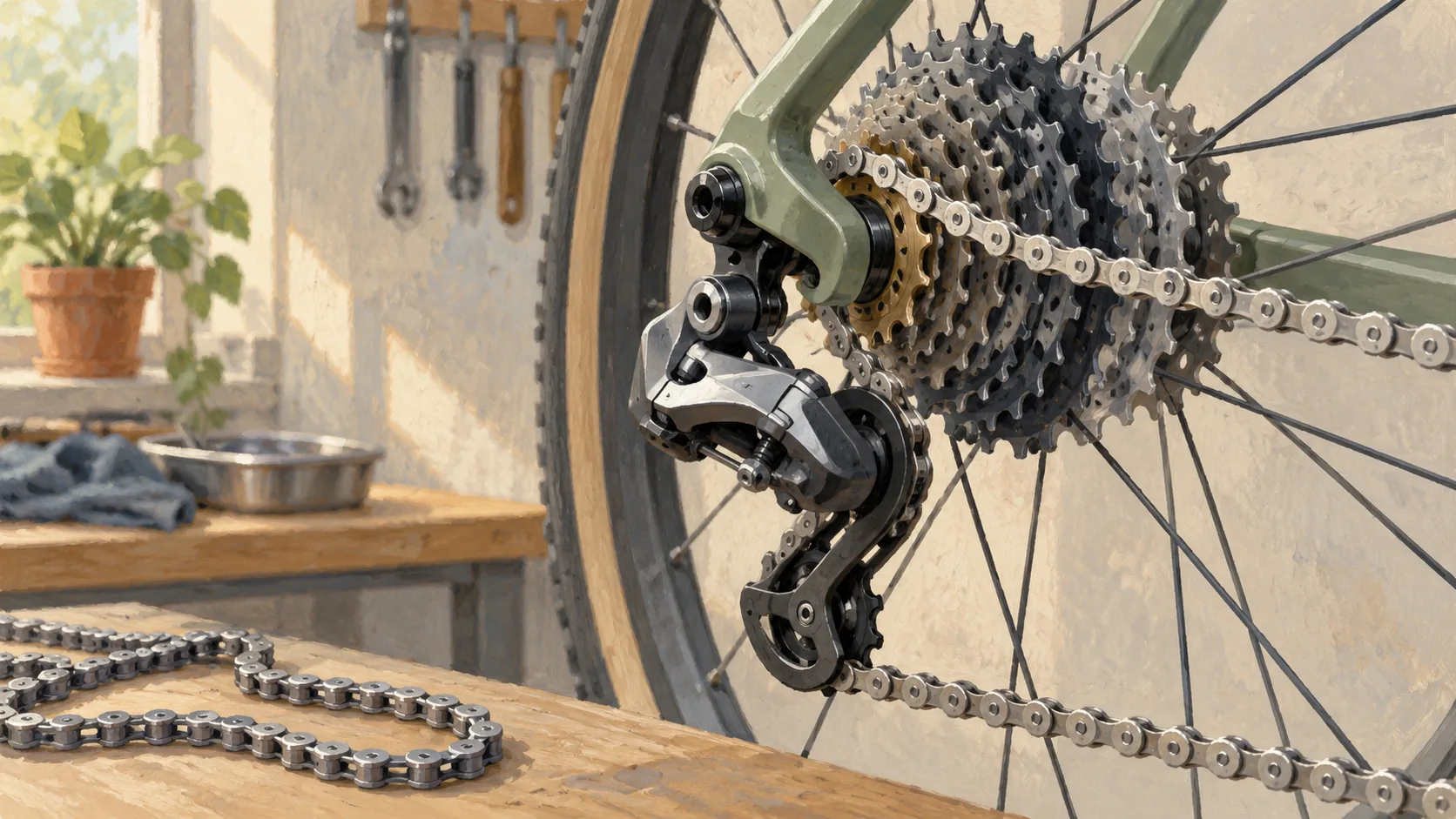 A derailleur seats a chain on one sprocket while a loose chain has no defined engagement