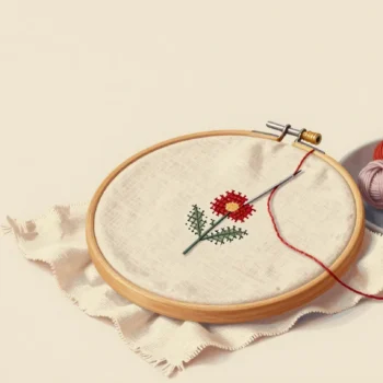 A needle stitching a small red flower in cross stitch on linen stretched in a wooden embroidery hoop.