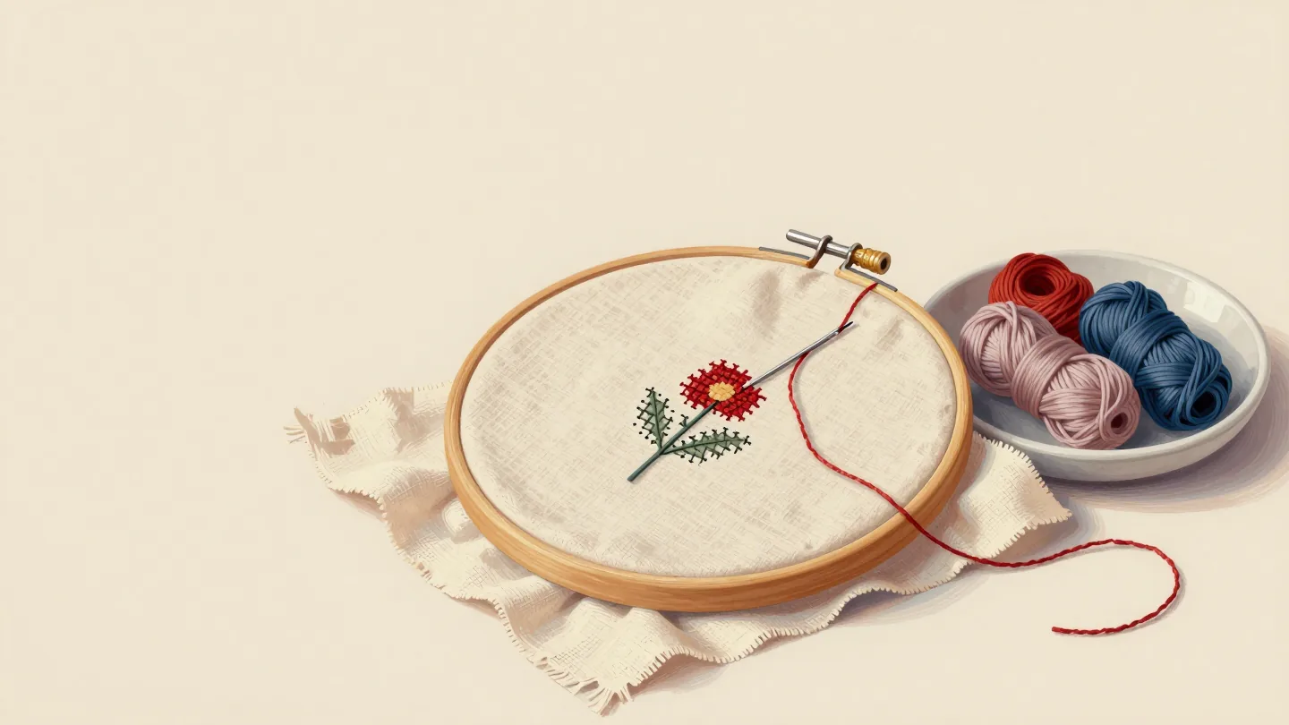 A needle stitching a small red flower in cross stitch on linen stretched in a wooden embroidery hoop.