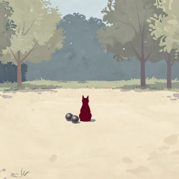 Steel boules scattered around a small red jack on a gravel square, some close, some far
