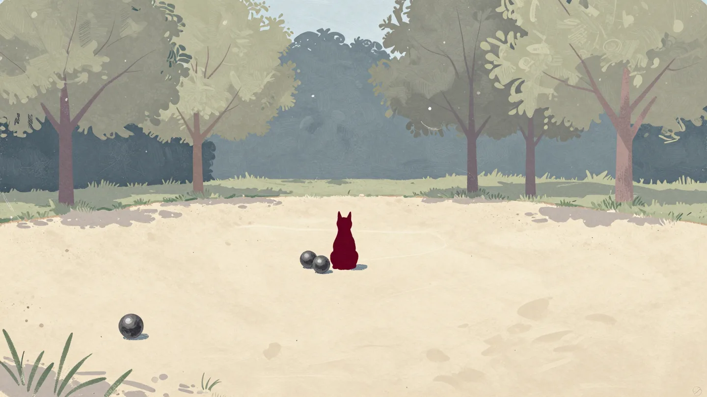 Steel boules scattered around a small red jack on a gravel square, some close, some far
