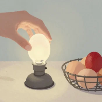 A hand holding an egg over a small lamp in a dim pantry, the shell glowing, a basket of eggs beside it.