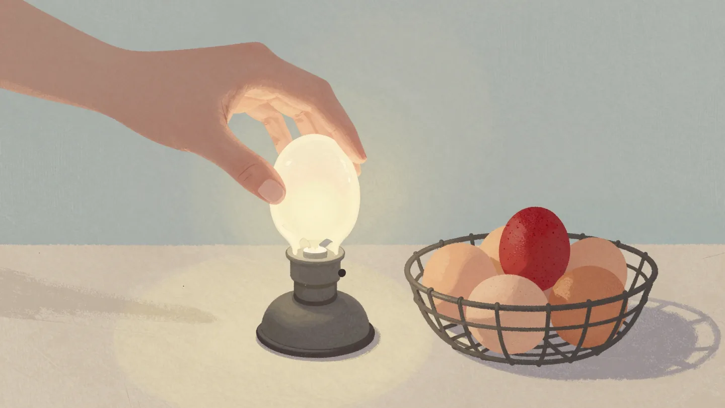 A hand holding an egg over a small lamp in a dim pantry, the shell glowing, a basket of eggs beside it.