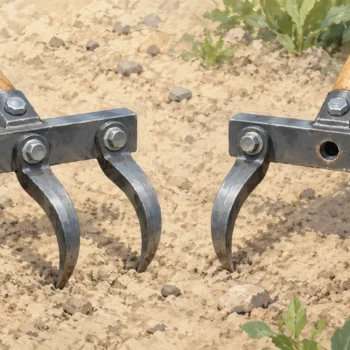 Matching cultivator bars hold three teeth and two teeth, with one mounting position empty