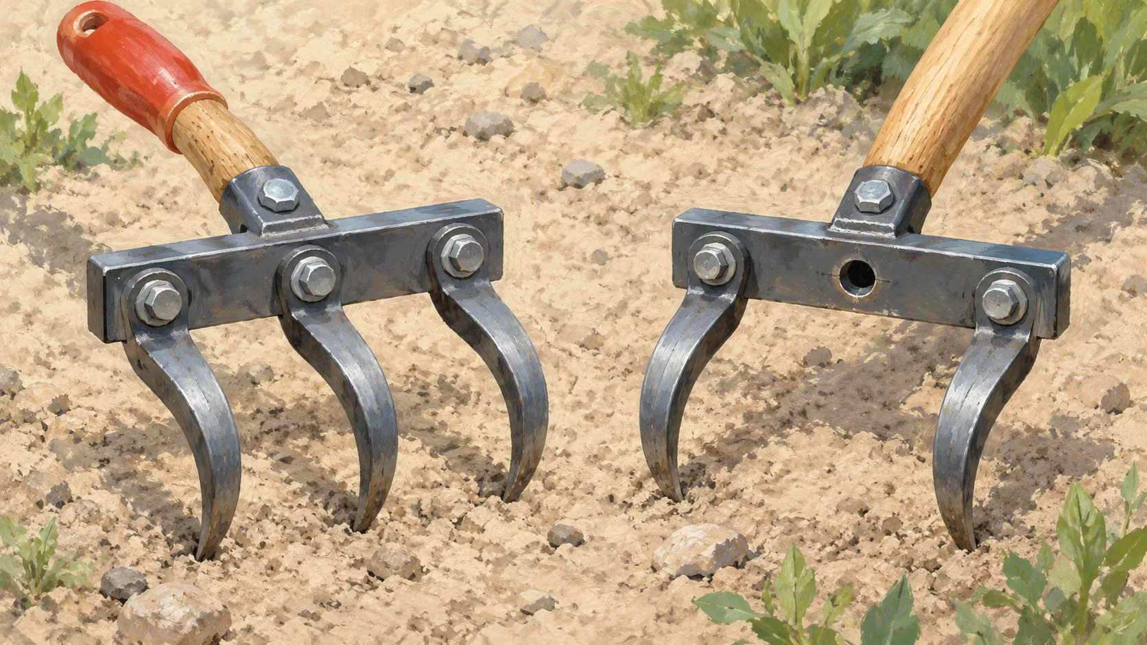 Matching cultivator bars hold three teeth and two teeth, with one mounting position empty