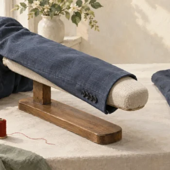 Padded sleeve board supporting a jacket sleeve beside an unsupported sleeve