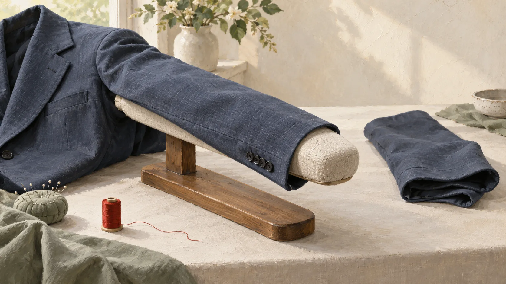 Padded sleeve board supporting a jacket sleeve beside an unsupported sleeve