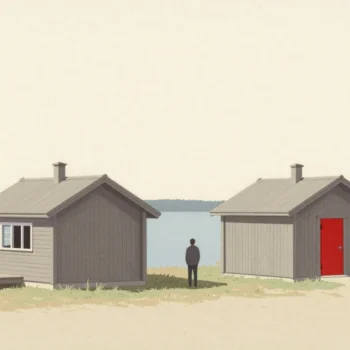 Two lakeside cabins built from one plan, one with an added porch and a missing window, one red door