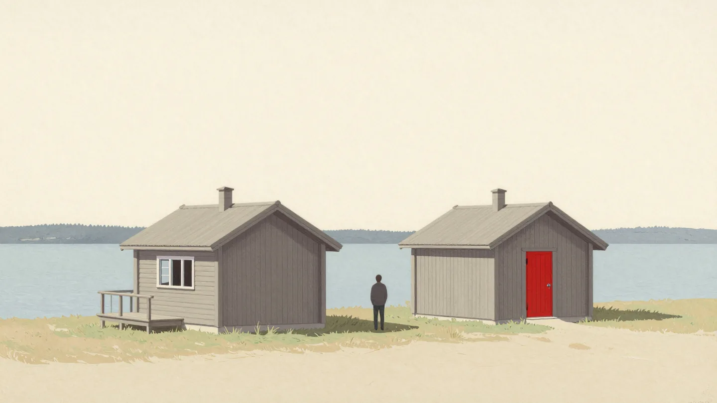 Two lakeside cabins built from one plan, one with an added porch and a missing window, one red door