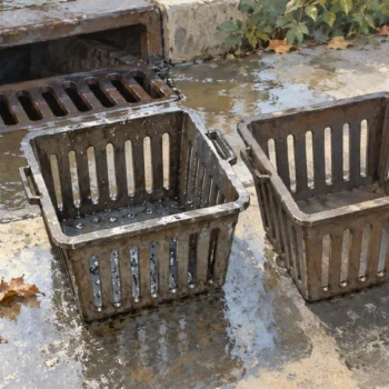 Two empty drain catch baskets, one wet and one dry, beside loose leaves