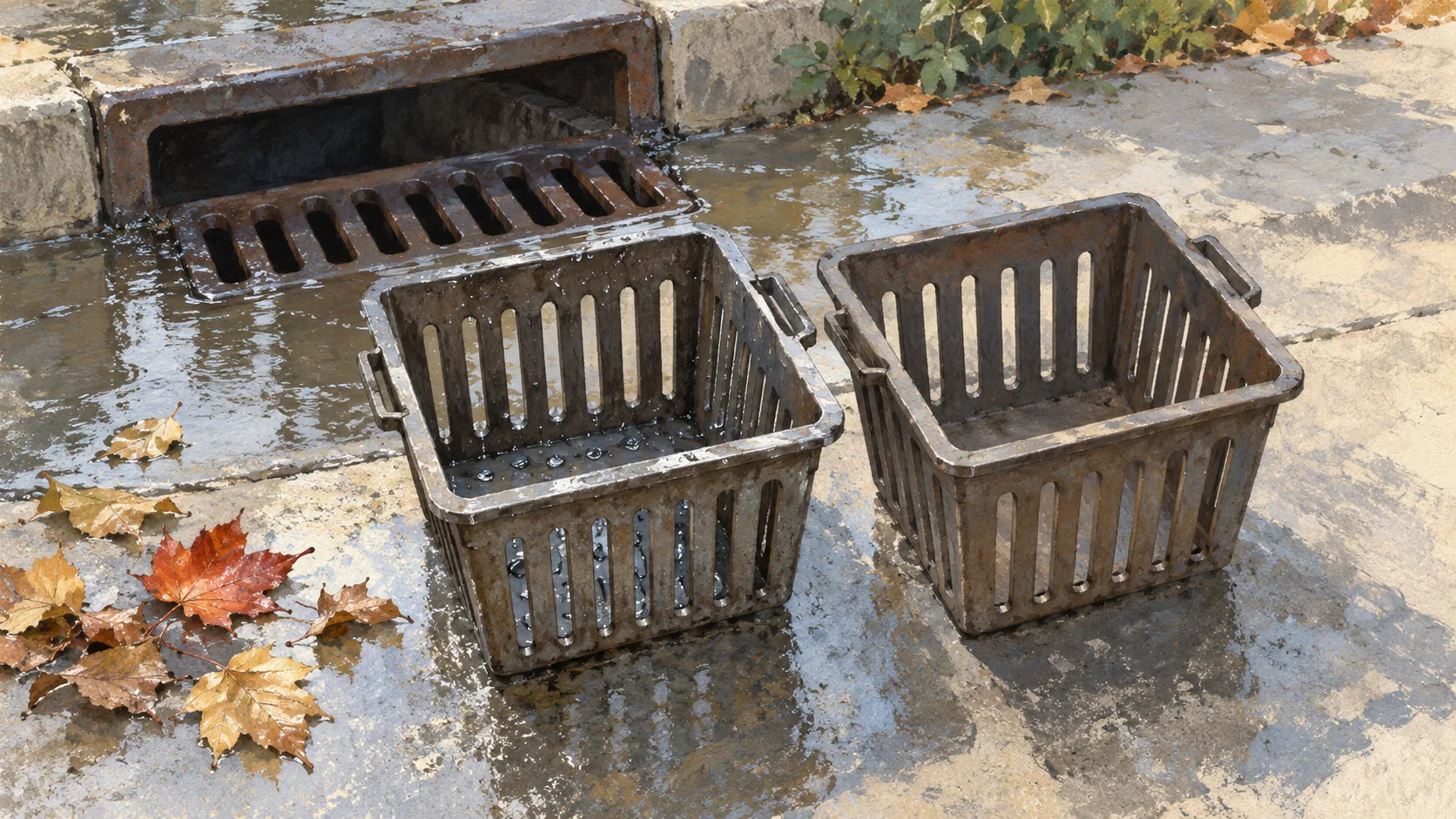 Two empty drain catch baskets, one wet and one dry, beside loose leaves