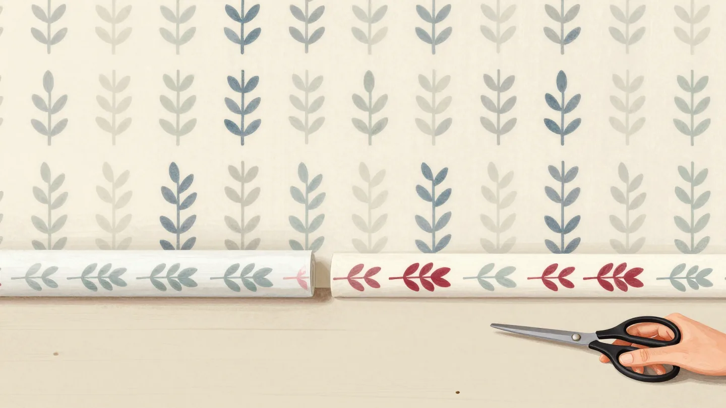 Two strips of matching leaf wallpaper side by side on a floor, one with a single red leaf that differs.