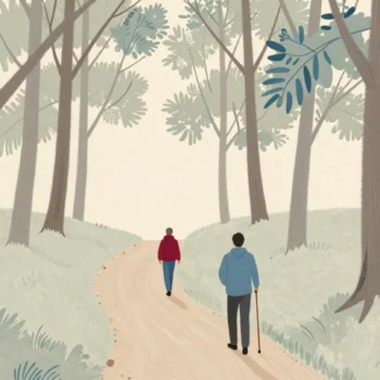 A walker seen from behind pauses where a woodland footpath splits into a narrow path and a wider one.