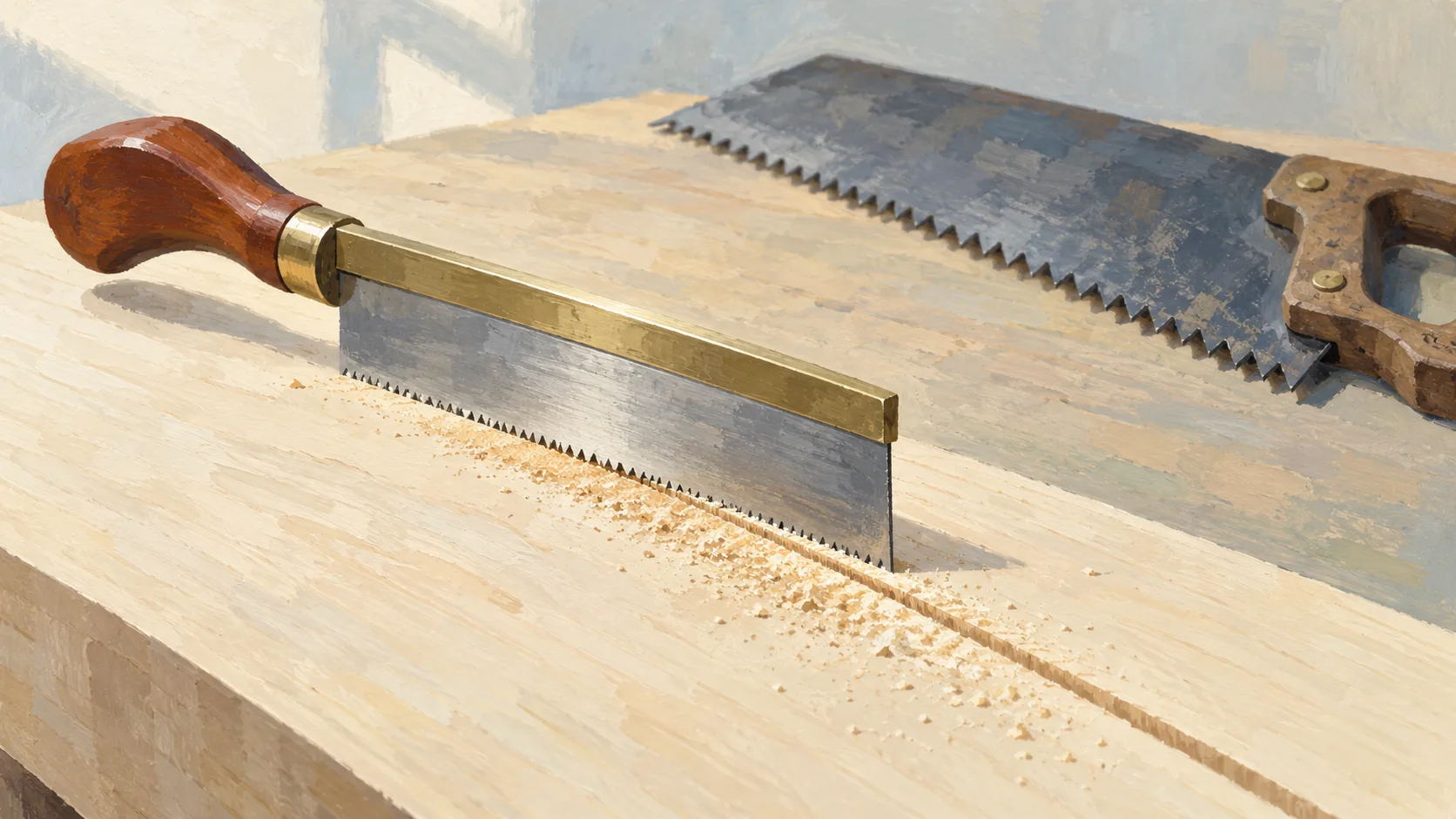 Fine saw beside its matching narrow kerf and a wider saw farther away
