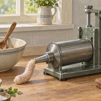 An assembled sausage stuffer performs one focused operation beside loose mixing utensils