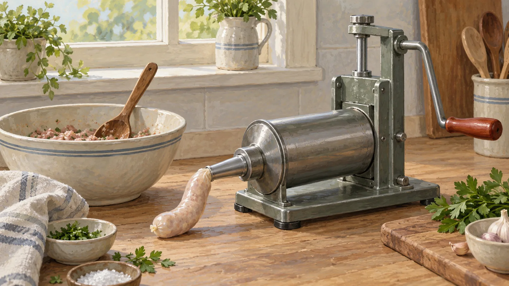 An assembled sausage stuffer performs one focused operation beside loose mixing utensils