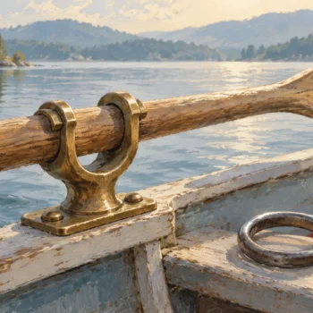 Bronze oarlock supporting an oar beside a loose metal ring
