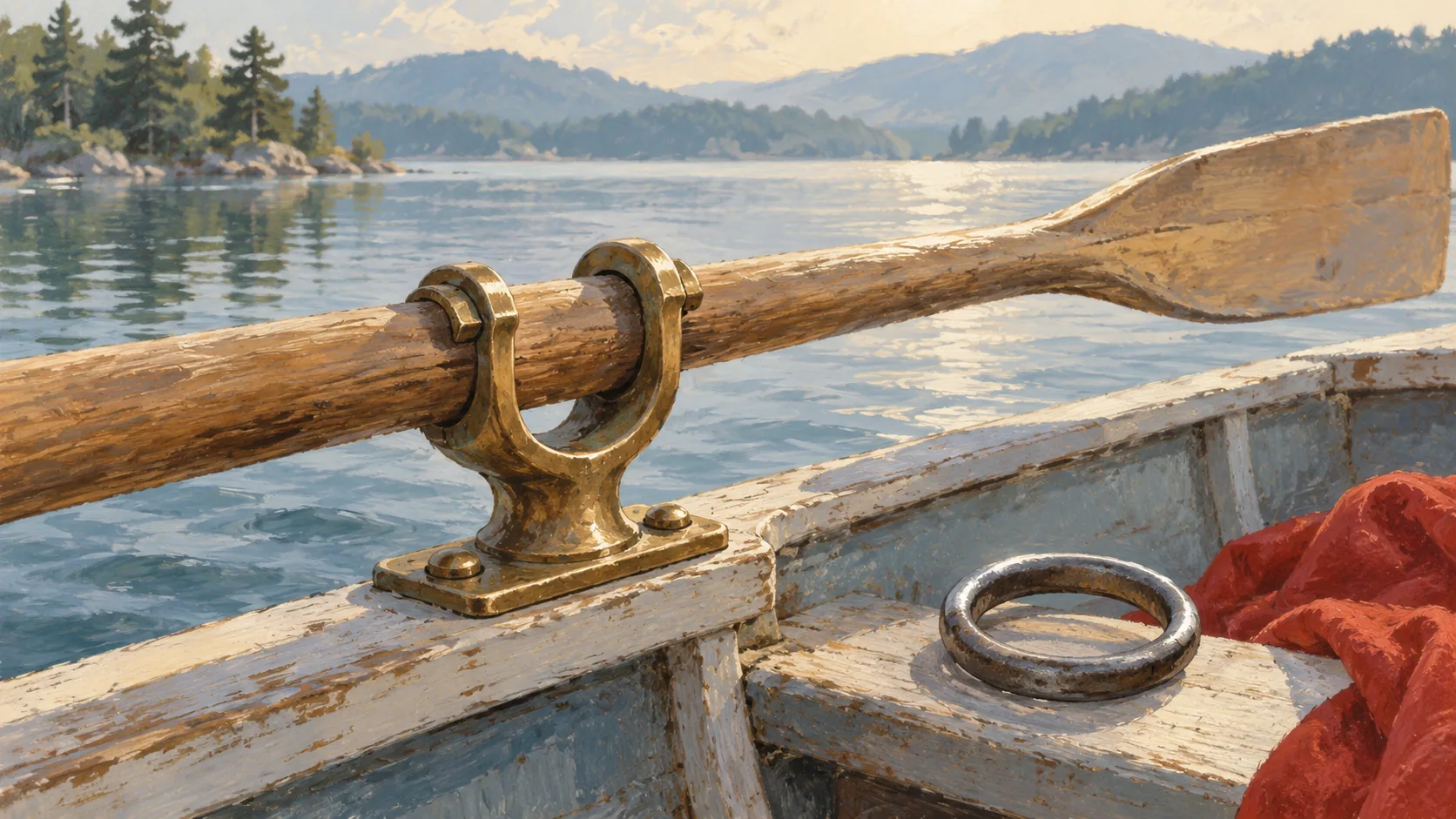 Bronze oarlock supporting an oar beside a loose metal ring