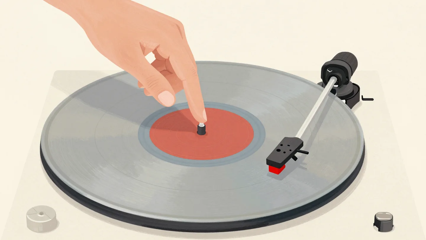 A hand lowering a record player's needle just before a scratch on a spinning record with a red center