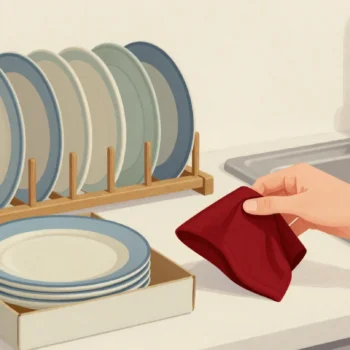A hand taking one plate from a spare boxed set to fill the single empty slot in a kitchen plate rack.