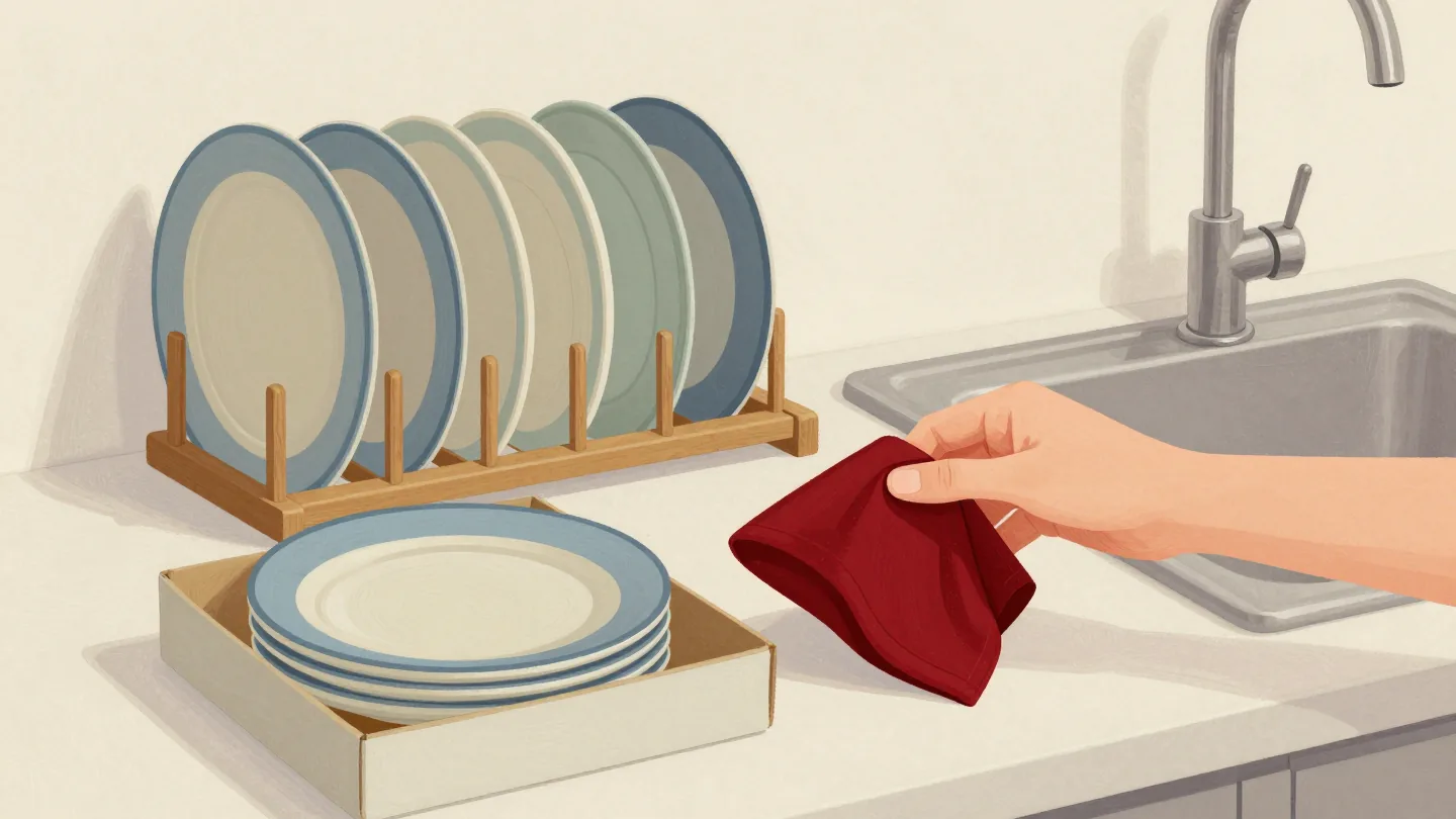 A hand taking one plate from a spare boxed set to fill the single empty slot in a kitchen plate rack.