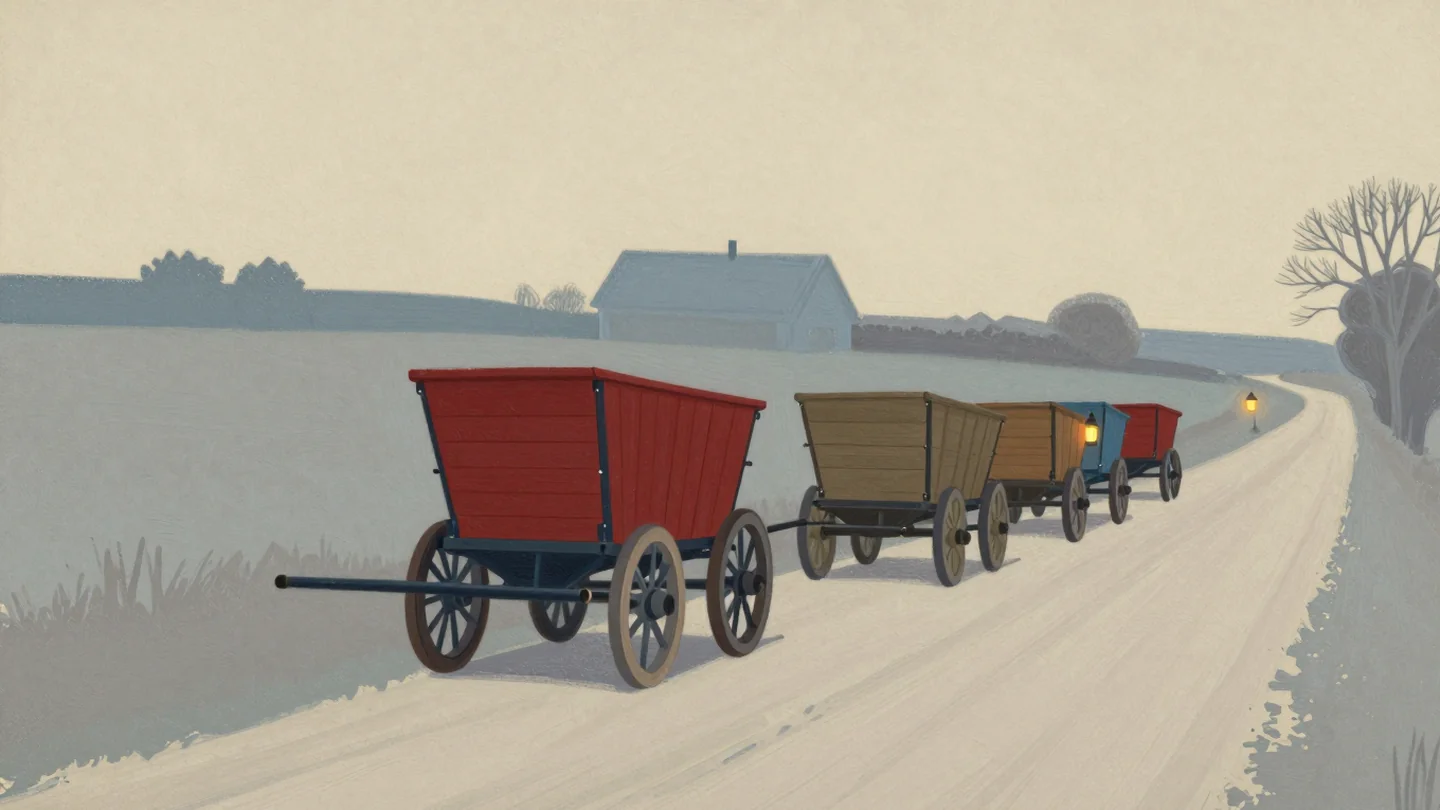 Gouache painting: a narrow country lane where one stalled vermilion handcart stands across the path, and a line of other wooden carts waits patiently behind it